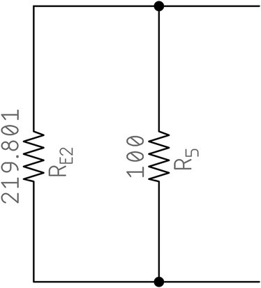 Equivalent circuit without the sources consists of two resistors in parallel labeled RE2 (219.801) and R5 (100).