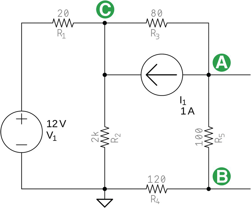 Original circuit plus ground consists of voltage source labeled V1 (12 V), current source labeled I1 (1 A), resistors labeled R1 (20), R2 (2 k), R3 (80), R4 (120), and R5 (100), and points A, B, and C.