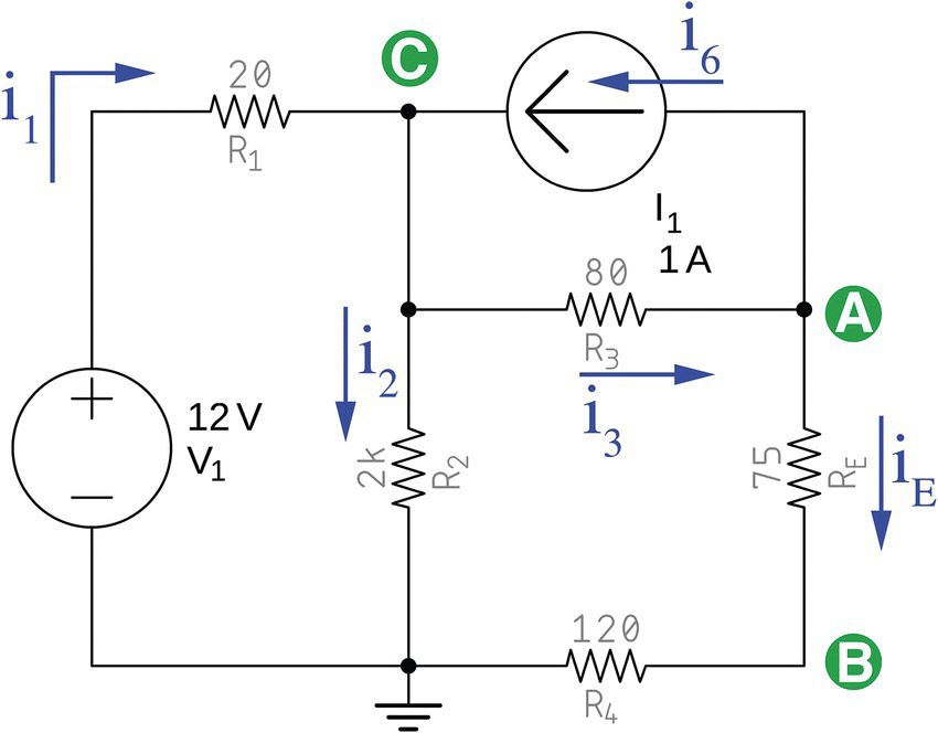 Improved original circuit consists of a voltage source labeled V1 (12 V), current source labeled I1 (1 A), resistors labeled R1 (20), R2 (2 k), R3 (80), R4 (120), and RE (75), points labeled A, B, and C.