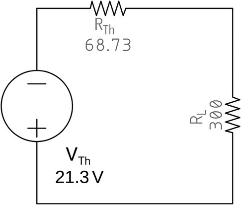 Thévenin equivalent circuit consists of a voltage source labeled VTh (21.3 V) and resistors labeled RTh (68.73) and RL (300).