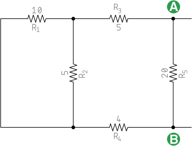 Equivalent circuit without the sources consists of resistors labeled R1 (10), R2 (5), R3 (5), R4 (4), and R5 (20) and points labeled A and B.