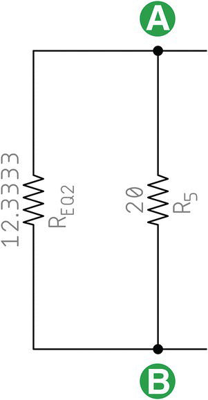 Thévenin equivalent circuit consists of two parallel resistors labeled REQ2 (12.3333) and R5 (20) and nodes labeled A and B.
