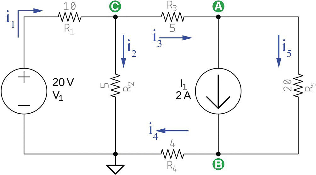 Thévenin equivalent circuit – branch currents consists of a voltage source labeled V1 (20 V), current source labeled I1 (2 A), resistors labeled R1 (10), R2 (5), R3 (5), R4 (4), and R5 (20), etc.