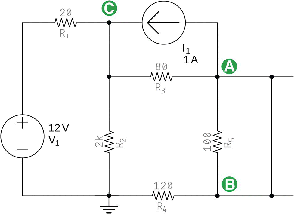 A circuit with load that is short-circuited consists of a voltage source labeled V1 (12 V), current source labeled I1 (1 A), resistors labeled R1 (20), R2 (2 k), R3 (80), R4 (120), and R5 (100), and points labeled A, B, and C.
