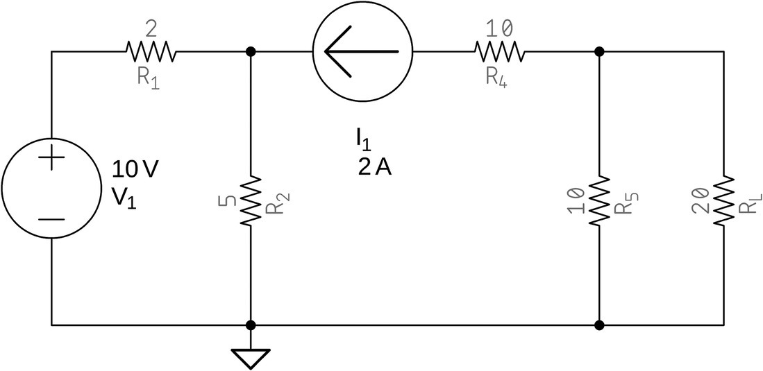 Final Norton equivalent circuit consists of a voltage source labeled V1 (10 V), current source labeled I1 (2 A), and resistors labeled R1 (2), R2 (5), R4 (10), R5 (10), and RL (20).