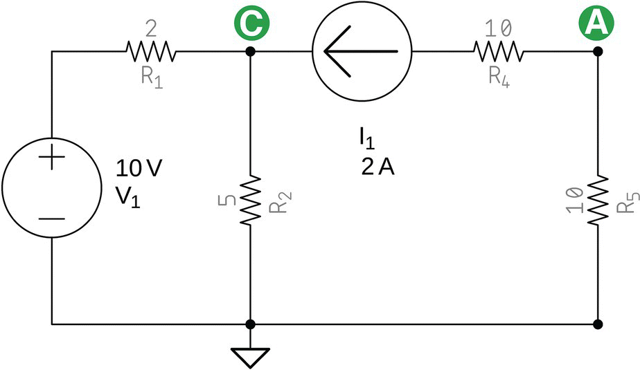 Norton equivalent circuit consists of a voltage source labeled V1 (10 V), current source labeled I1 (2 A), resistors labeled R1 (2), R2 (5), R4 (10), and R5 (10), and points labeled A and C.