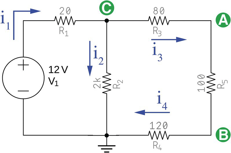 First circuit for superposition analysis consists of a voltage source labeled V1 (12 V), resistors labeled R1 (20), R2 (2 k), R3 (80), R4 (120), and R5 (100), points labeled A , B, and C, etc.
