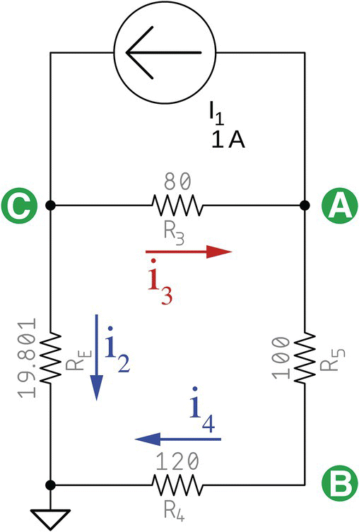Second circuit for superposition analysis simplified consists of a current source labeled I1 (1 A), resistors labeled RE (19.801), R3 (80), R4 (120), and R5 (100), points labeled A , B, and C, etc.