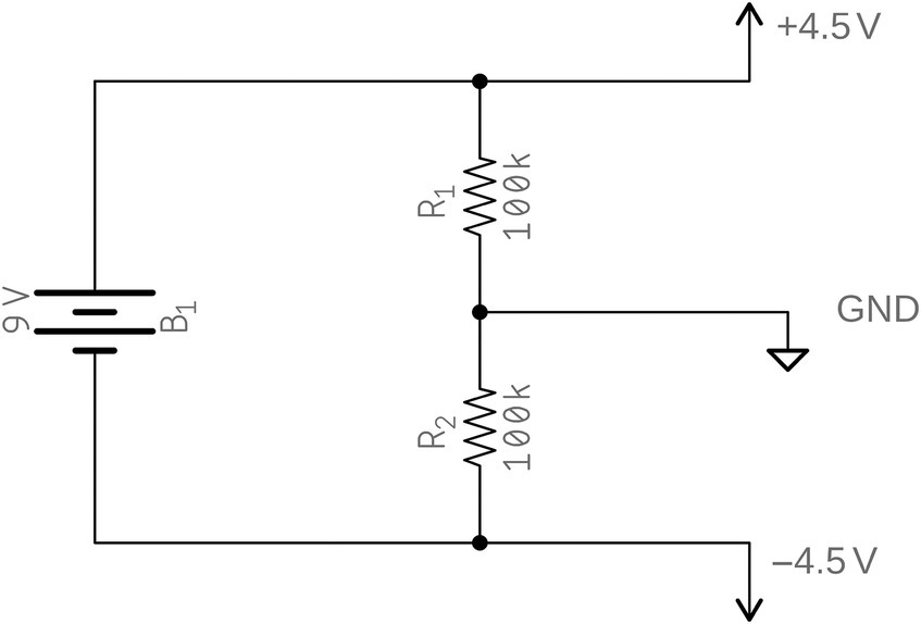 A circuit of a virtual ground with two resistors R1 and R2 in series connected to a 9-V battery and a ground.