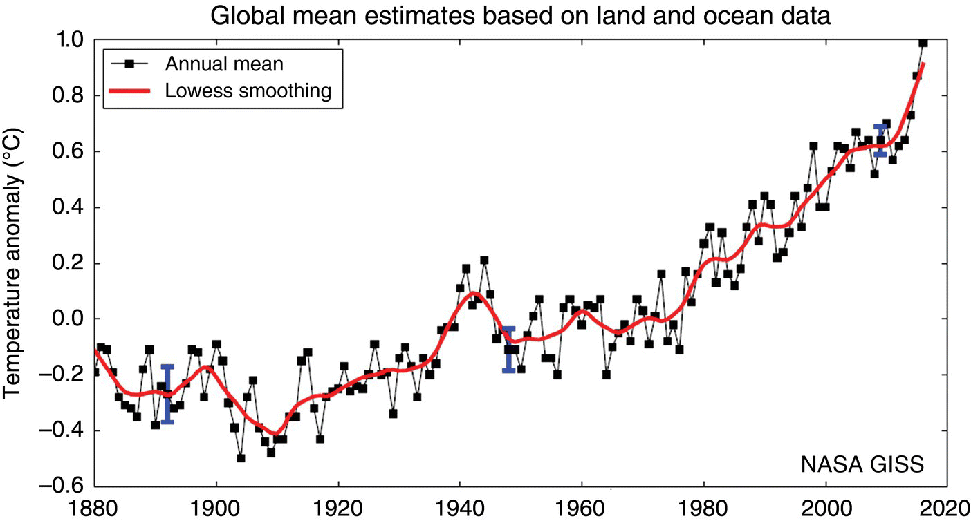 Graph of the Earth’s temperature that rise since industrialization over 100 years displaying 2 intersecting ascending curves with markers representing annual mean (square) and lowess smoothing (light shade).