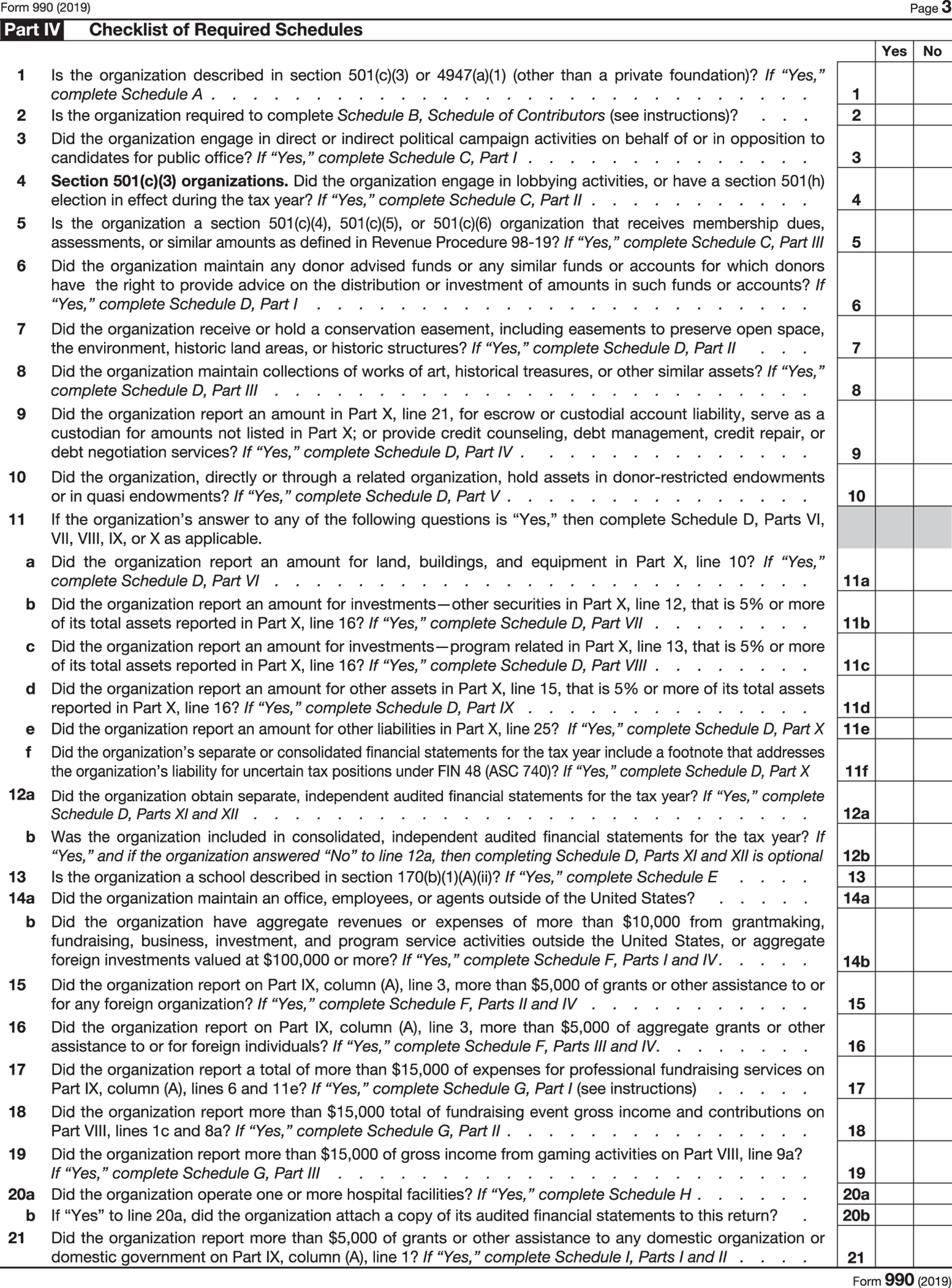 Page 3 of Exhibit 2: Form 990, Part IV, displaying the checklist of required schedules, to be filled in, for the calendar year 2018.
