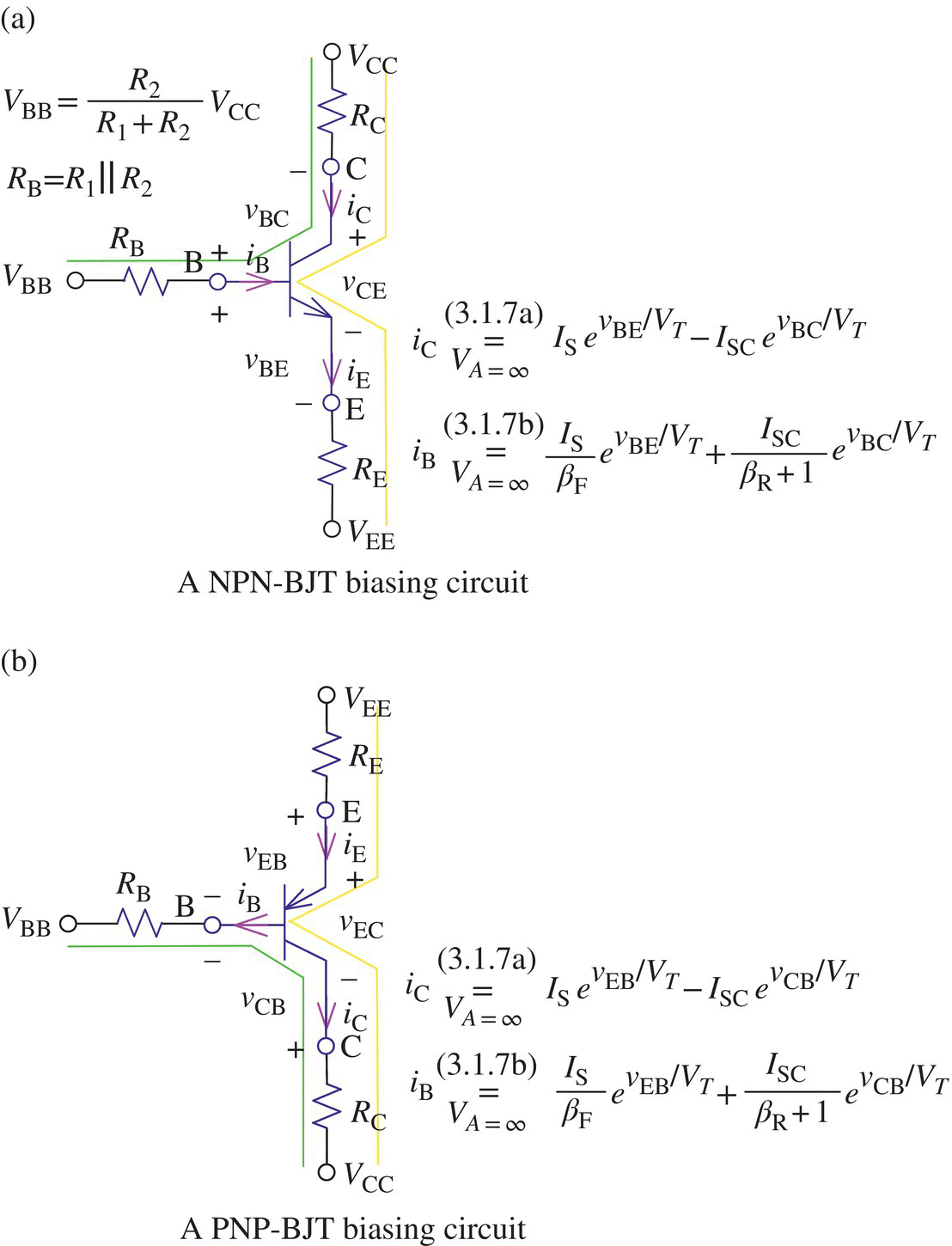 A NPN-BJT biasing circuit (top) and a PNP-BJT biasing circuit (bottom) both consists of 3 resistors, 4 antennas, and open circles with corresponding labels.