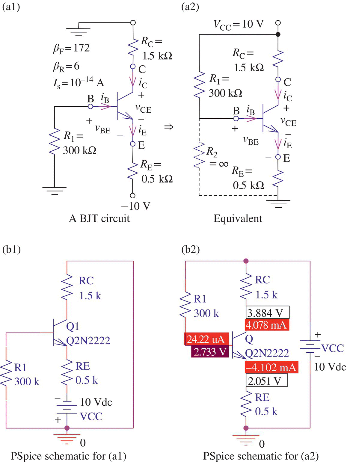 A BJT circuit consists of 3 resistors, 2 grounds, 4 antennas, etc. (a1), with its equivalent consists of 4 resistors, 4 antennas, etc. (a2) and two PSpice schematics for (a1) (b1) and (a2) (b2).