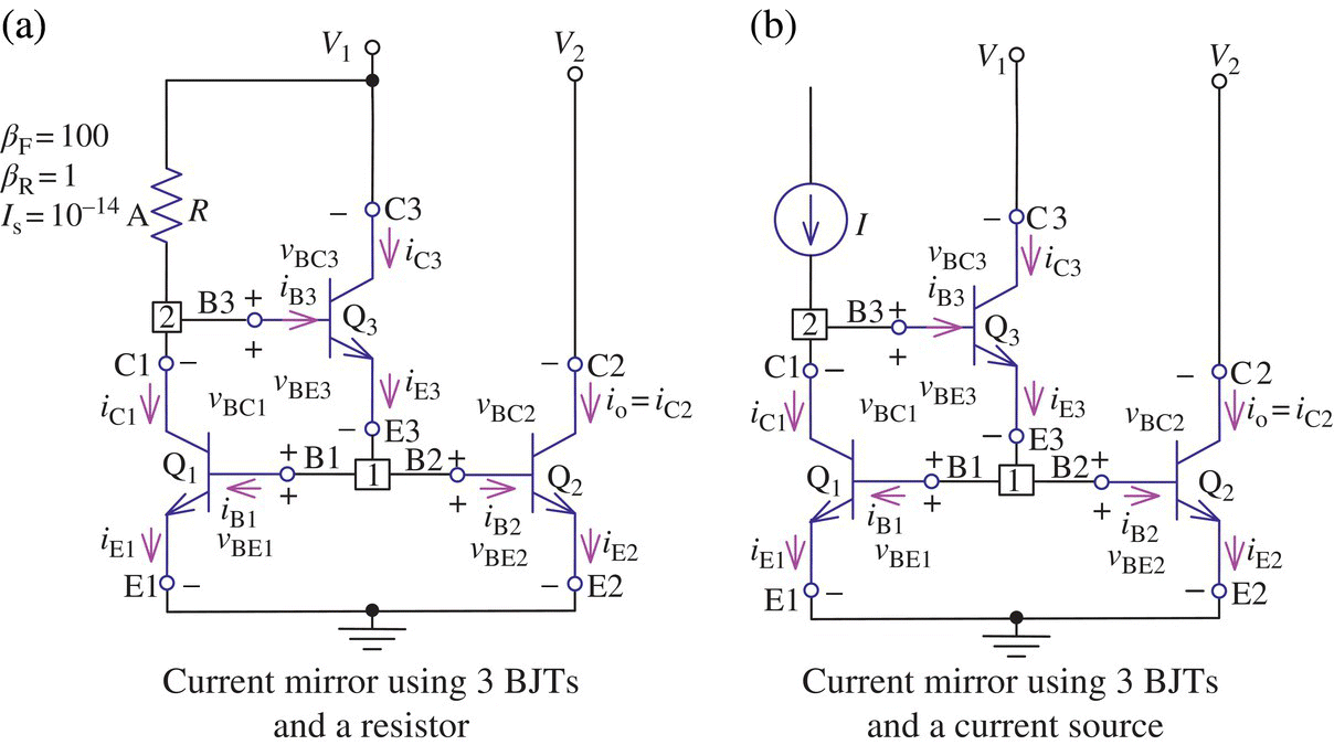 Circuit diagram displaying current mirrors using 3BJTs and a resistor consists of 12 antennas, etc. (left) and current mirror using 3 BJTs and a current source consists of a ground, 12 antennas, etc. (right).