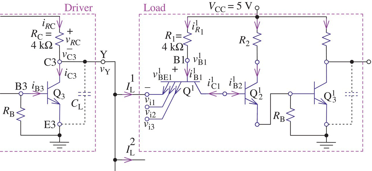 Circuit diagram displaying a TTL NAND gate as driver with multiple loads consist of two grounds or earth, 6 resistors labeled iRC, RB, R2, etc., 16 antennas labeled Q3, iB3, iC3, iRC, etc.