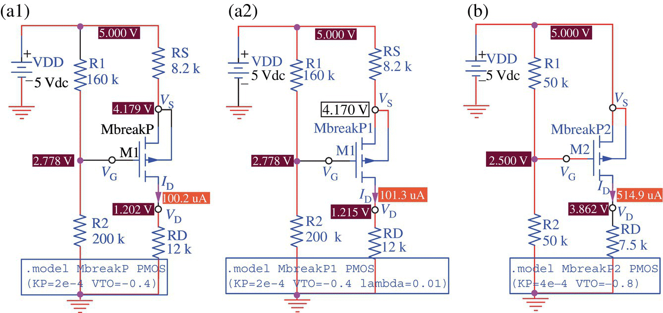 PMOS circuits with 4 resistors R1 (160 k), R2 (200 k), RD (12 k), and RS (8.2 k); with 4 resistors R1 (160 k), R2 (200 k), RD (12 k), and RS (8.2 k); and with 3 resistors R1 (50 k), R2 (50 k), and RD (7.5 k).