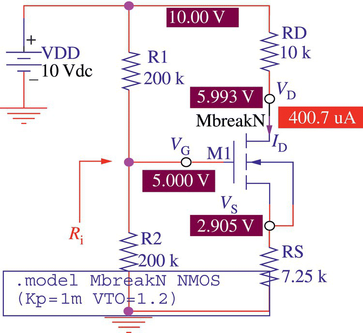 MOSFET circuit with resistors R1, R2, RD, and RS having values of 200 k, 200 k, 10 k, and 7.25 k, respectively.