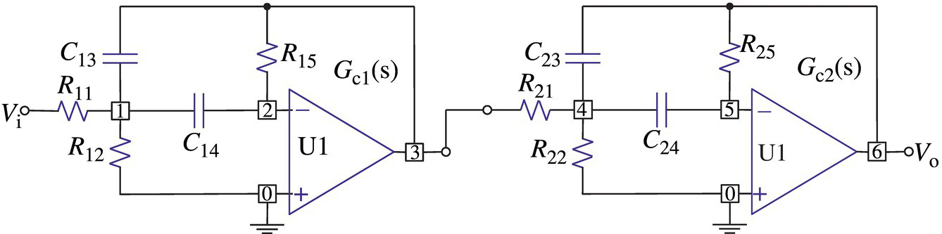 Circuit diagram displaying the cascade connection of two second-order MFB BPFs, with resistors R11, R12, R15, R21, R22, and R25, capacitors C13, C14, C23, and C24, two grounds, etc.