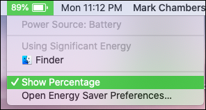 Screenshot of the Show Percentage option checked under the battery meter.