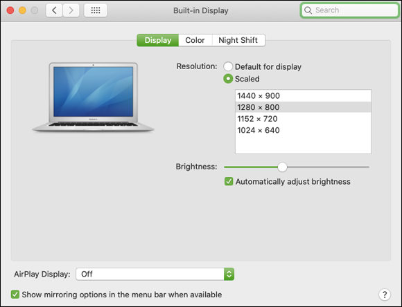 Screenshot of the Built-in Display pane displaying available screen resolutions and a toggle bar for brightness.