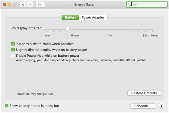 Screenshot of Energy Saver pane with a slide bar for preferred time to turn display off. Restore Defaults button and Schedule button are located at the bottom right.