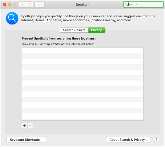 Screenshot of Spotlight pane displaying a blank Privacy sub-pane (Prevent Spotlight from searching these locations).