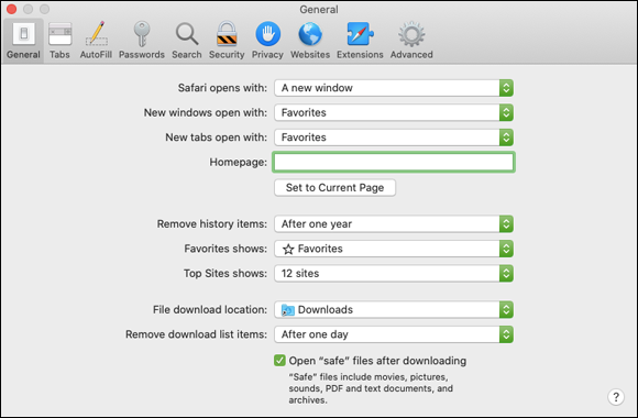 Screenshot of General Preferences dialog displaying drop-down menus for options to open Safari, a new tab, a new window, and others.