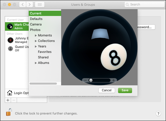 Screenshot of Users & Groups pane displaying a bowling ball photo as user image.