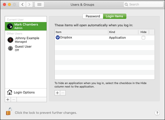 Screenshot of Login Items sub-pane of Users & Groups pane.