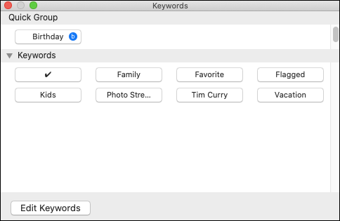 Screenshot of Keyword Manager window displaying a Quick Group panel and Keywords panel. Edit Keywords button is at the bottom left.