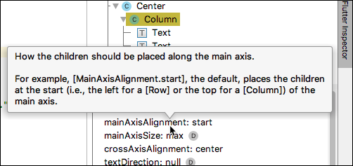 Snapshot of Android Studio displays a pop-up explaining the mainAxis Alignment property’s meaning.