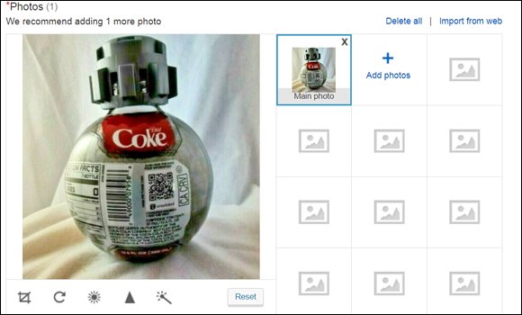 Photo of an item beside a box labeled add photos.