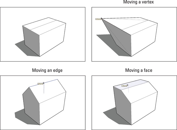 Schematic illustration of moving tool on vertices, edges, and faces to model different forms.