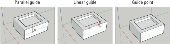 Schematic illustration of using the Tape Measure tool to create guide lines and points.