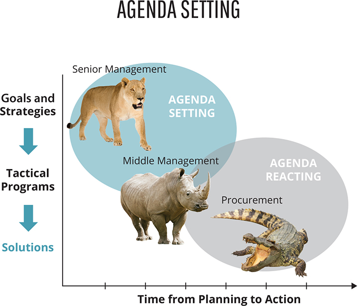 The image shows an x-y plane. x- and y-axis with the heading “Agenda Setting” can be seen. The x-axis with the heading “Time from planning to Action” and the y-axis shows the following flowchart: Goals and strategies; tactical programs; and solutions. The graph (x-y axis) shows “senior management” represented by lion, the “middle management”  represented by rhinoceros, and “procurement” is represented by crocodile. The senior management and middle management combined and forms an “agenda setting” while the middle management and procurement combined forms an “agenda reacting.”