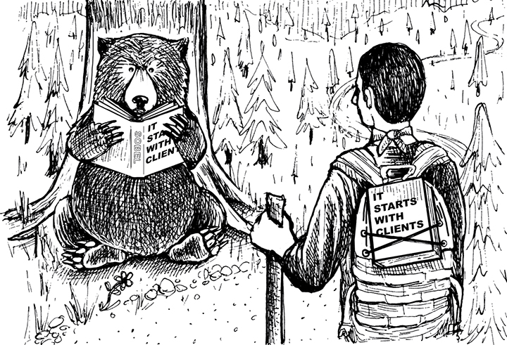 The image shows a bear sitting on the front of the tree peak reading a book. On the front, a man with a bag pack holding a wood stick can be seen. On the bag pack, a book titled “It starts with the clients” can be seen.