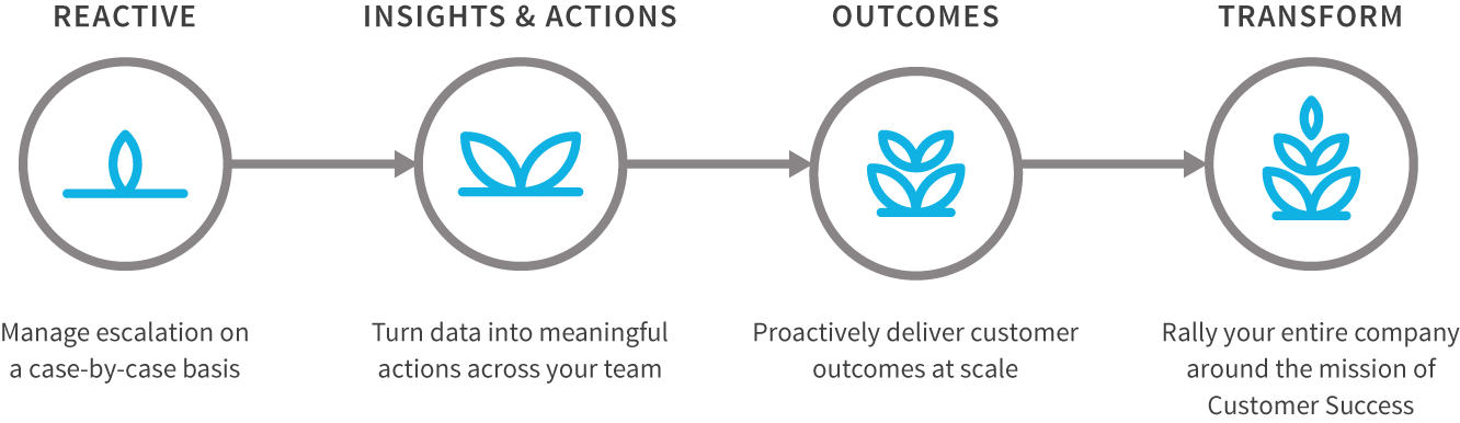 Illustration depicting Customer Success maturity through reactive insights and actions, the outcomes, and finally the transformation of the entire company.