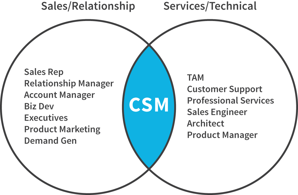 A Venn diagram depicting the unique space that Customer Success Managers are taking in a modern organization with an overlap in skills and technical responsibilities.