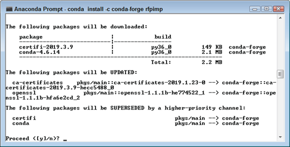 Screenshot of a description of what conda will do. Simply type y and press Enter to install the package.