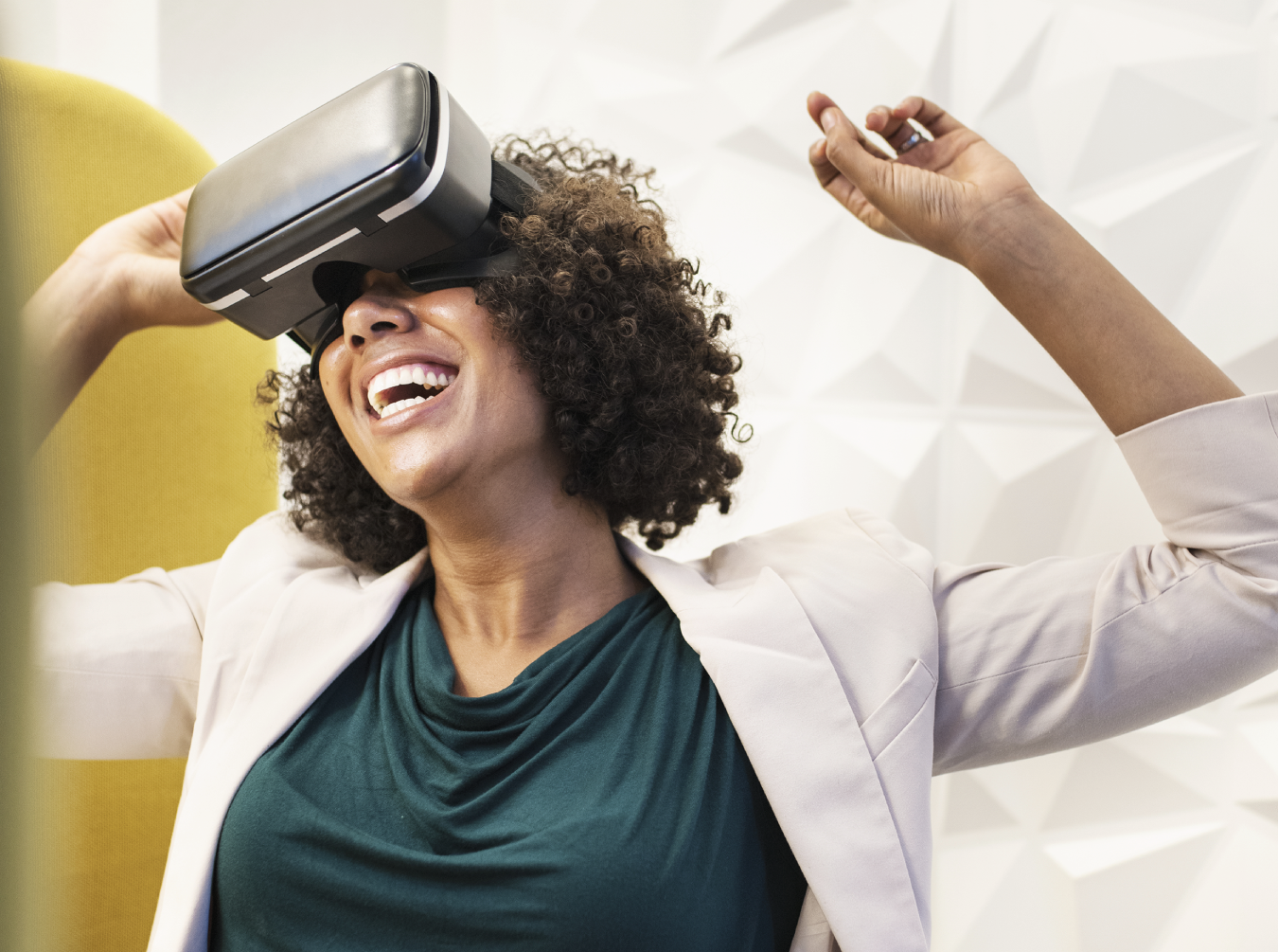 Photo depicts a woman having fun in a virtual world.