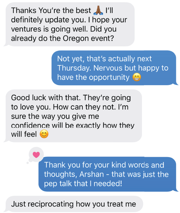 Snapshot of a chat conversation depicting the words of encouragement from my mentee.