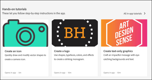 Illustration of the Learn tab. Illustrator hands-on tutorials accessible from the home screen.