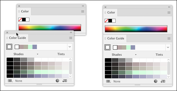 Illustration of a color guide panel being dragged to the bottom of the Color panel (left) and docked Color Guide panel (right).