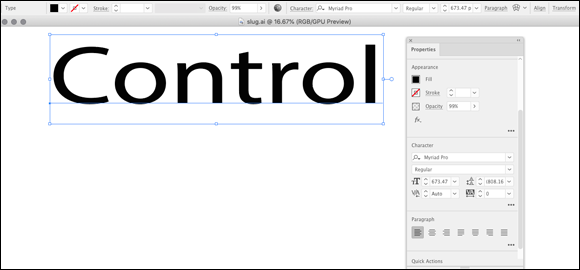 Illustration of option for styling type, the word CONTROL, in the Control and Properties panel.