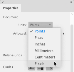 Illustration of configuring document properties in the Properties panel. The unit of measurement selected is Points.