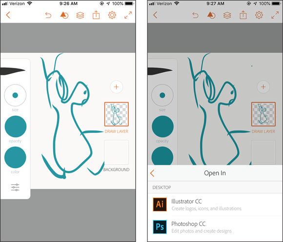 Illustration of sketching an odd creature in Adobe Illustrator Draw (left) and setting the to open in Illustrator or Photoshop (right).