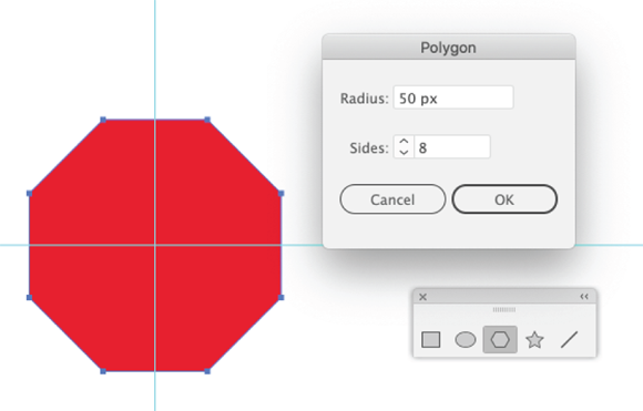 Illustration of the Polygon tool whose dialog allows to define the number of sides for the polygon and the radius.