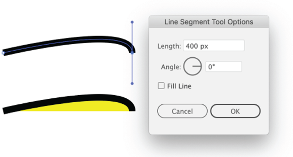 Illustration of a line segment curved without a fill (top) and with a fill (bottom).