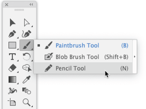Illustration of accessing the Pencil tool from the Paintbrush tool flyout.