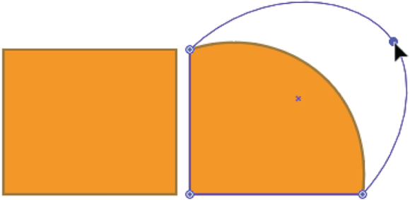 Illustration of transforming the upper-right corner of a rectangle into a curve with the Curvature tool.